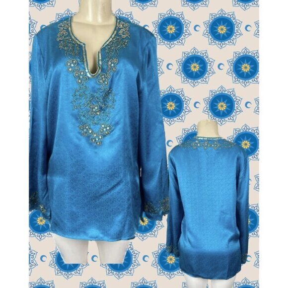 Itsu 14 Teal 100% Silk Textured Beaded Sequin Split Neck Long Bell Sleeve Top - Picture 1 of 6